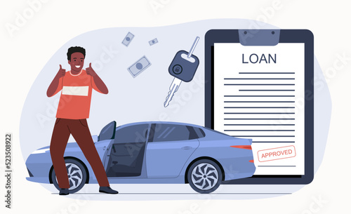 A man rejoices at the approval of a car loan. Vector illustration.
