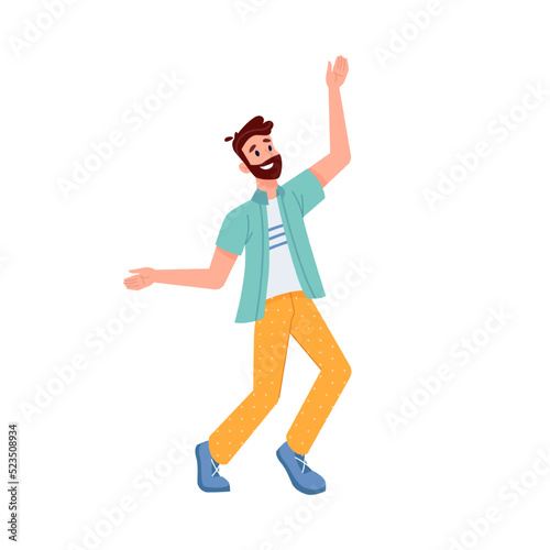 Happy person jumping, smiling in joy and fun with hands up, vector flat illustration. Young boy or man guys jump up, freedom enjoy, friendship celebration, success and joy happiness