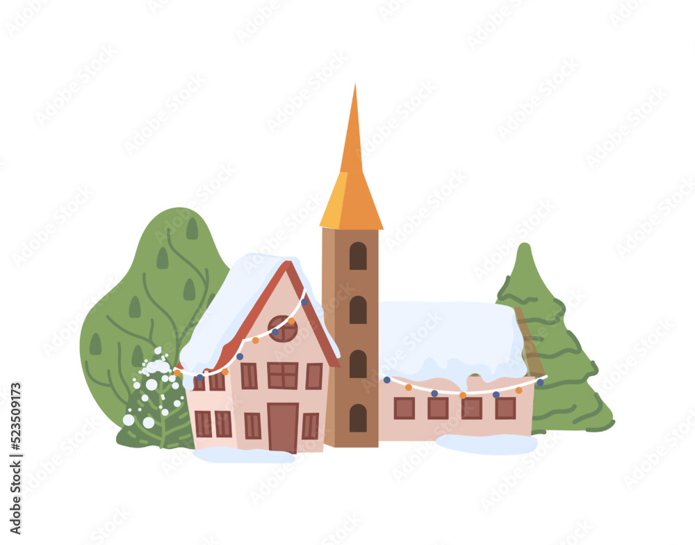 Christmas New Year winter village landscape element flat cartoon design icon. Vector cottage house and snow, fur trees and bushes, chalet decorated by garlands