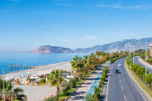 Mersin-Antalya section of D400 highway, east–west state road in southern Turkey with Alanya Peninsula on background photo