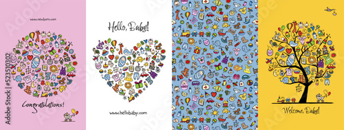 Newborn baby concept art collection. Birthday cards. Frame, heart shape, tree...