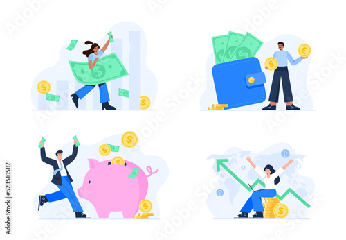 Financial concepts. Receiving money from successful deals, growth of investment, and savings. People earn and multiply financial wealth. Vector flat illustrations isolated on the white background.