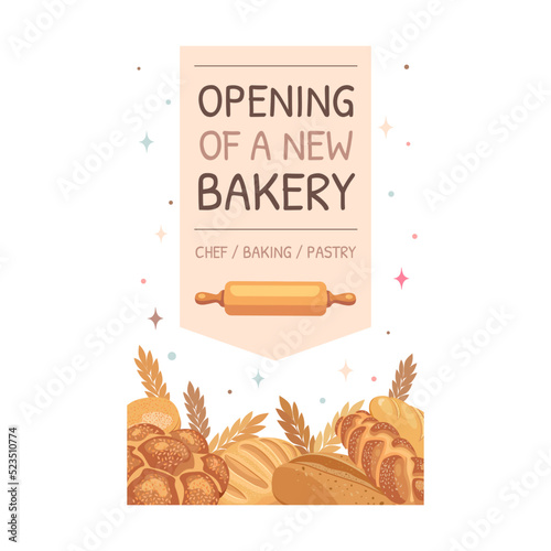 Card with pastry. Loaves of bread, muffins, birthday cupcakes vector illustration with text, time, date. Holiday and dessert concept for announcement poster and party flyer design