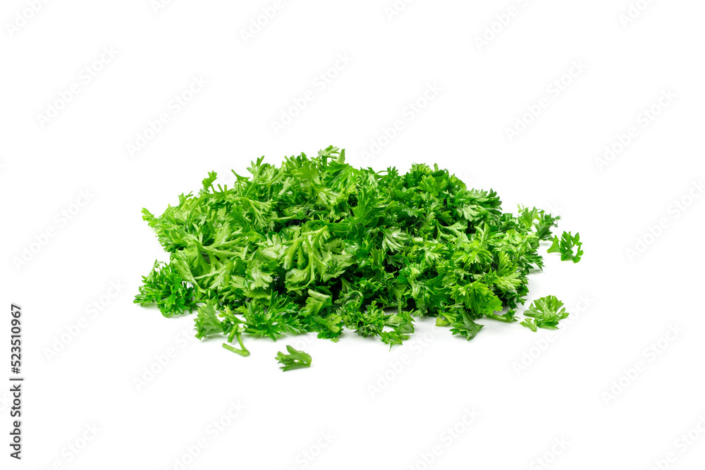 Fresh Green Chopped Parsley Leaves Isolated on White Background Fresh Green Chopped Parsley Leaves Isolated on White Background