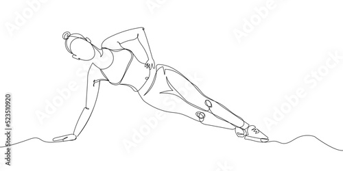 Girl standing in side plank one line art. Continuous line drawing sports, fitness, pilates, physical, athletics, strength, athletic body, yoga asana, athlete woman, gym, stretching, sexy body workout.