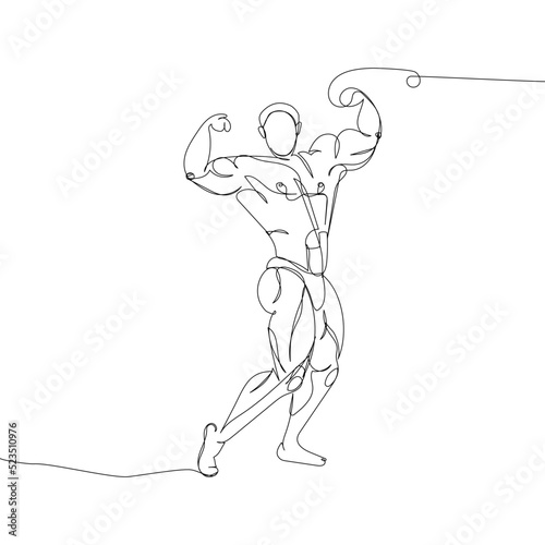 Bodybuilder showing muscles one line art. Continuous line drawing sport, fitness, man, musculature, strength, gym, competition, physical education, athlete torso, weightlifting.