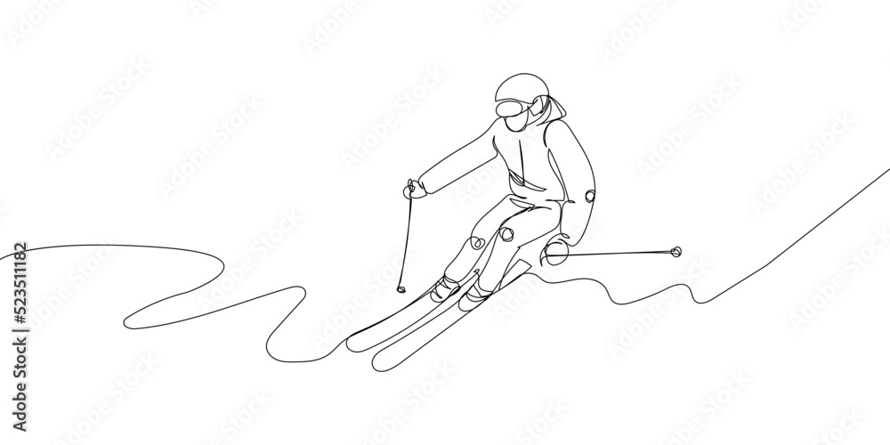 Man skiing down the mountain one line art. Continuous line drawing sport, winter sports, do tricks, skis, ski poles,, competition, extreme, uniform, man, woman, leisure, hobby.