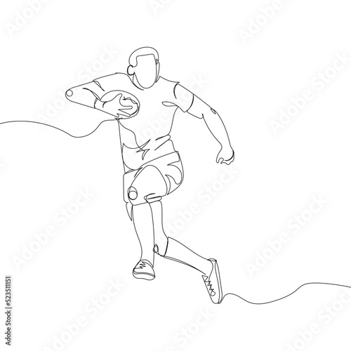 Rugby player with ball player with ball one line art. Continuous line drawing American football, game, sport, soccer ball, activity, training, running, competition, cleats.