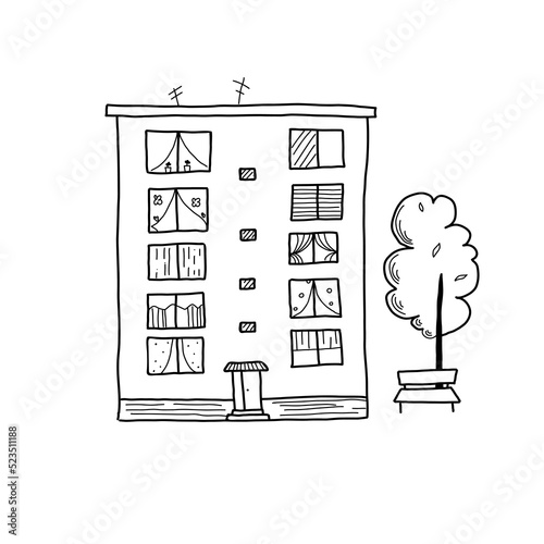 Multistory house with antenna on the roof, driveway and a bench with a tree. Vector illustration in the style of simple doodles.