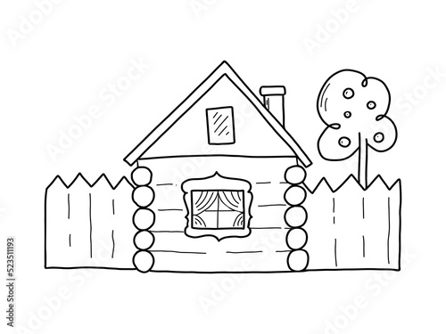 Rustic log house with fence and apple tree. Vector illustration in the style of simple doodles.