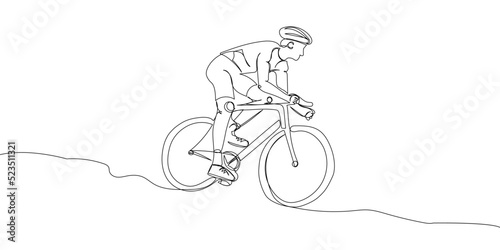 Man in a protective helmet rides a bicycle one line art. Continuous line drawing sports, training, sport, leisure, race, bike, cycle racing, tricks, street culture, urban, extreme, woman, man.