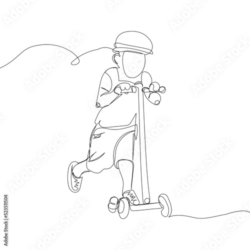 Boy in a protective helmet on a scooter one line art. Continuous line drawing sport, scooter, transportation, child, childhood, small, riding, healthy, urban, mobility.