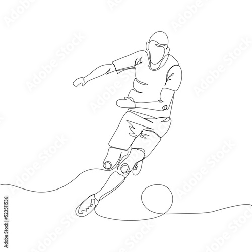 Football player with ball one line art. Continuous line drawing game, sport, soccer ball, activity, training, running, cleats.