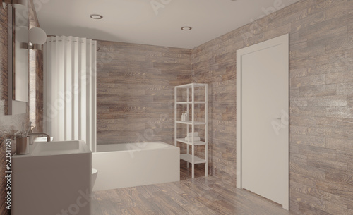 Modern bathroom including bath and sink. 3D rendering.