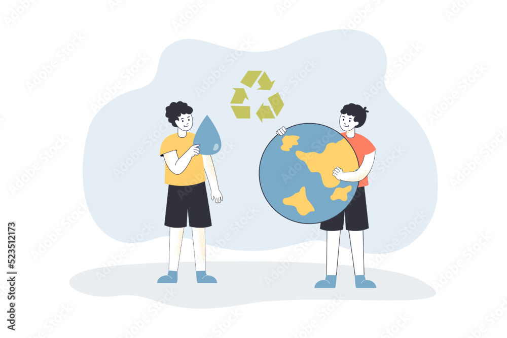 Kids holding water drop and globe under recycle sign. Boys protecting nature and environment flat vector illustration. Environmental protection concept for banner, website design or landing web page