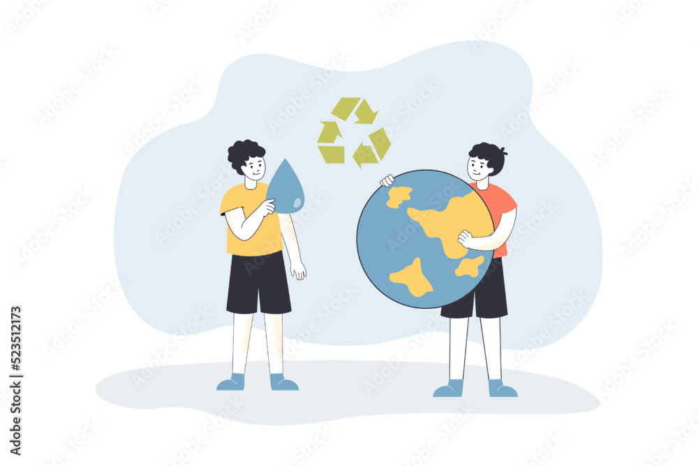 Kids holding water drop and globe under recycle sign. Boys protecting nature and environment flat vector illustration. Environmental protection concept for banner, website design or landing web page Kids holding water drop and globe under recycle sign. Boys protecting nature and environment flat vector illustration. Environmental protection concept for banner, website design or landing web page