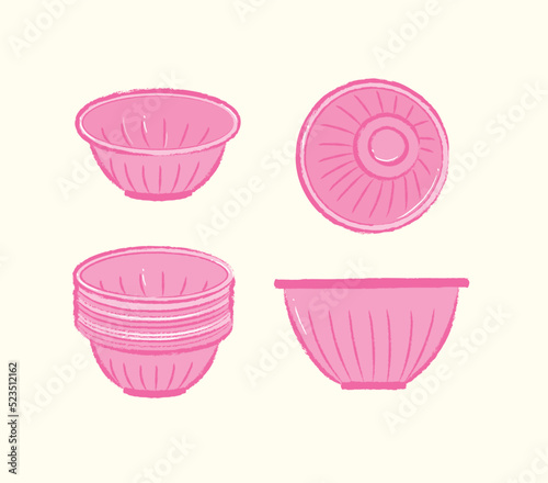 Pink plastic bowls from different angles in flat vector illustration