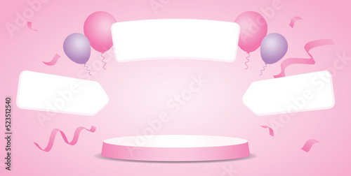 cute pink round product display podium with balloons and confetti and arrow signboard 3d illustration vector on sweet pastel pink background for putting object