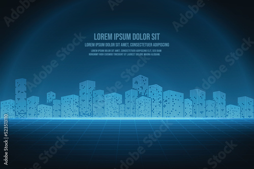 Vector night cityscape with neon lights. Network and communication in a digital abstract cyber city technology.