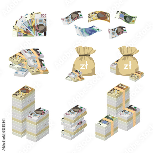 Polish Zloty Vector Illustration. Huge packs of Poland money set bundle banknotes. Bundle with cash bills. Deposit, wealth, accumulation and inheritance. Falling money 50, 100, 200, 500 PLN photo