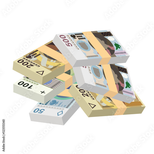Polish Zloty Vector Illustration. Poland money set bundle banknotes. Paper money 50, 100, 200, 500 PLN. Flat style. Isolated on white background. Simple minimal design.