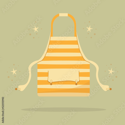 Kitchen apron. Сooking kitchen chef cartoon cozy apron with ties drawstring and print logo. Home cooking. Homemade meals. Kitchenware. Cook in kitchen. Color vector flat  isolated illustration.