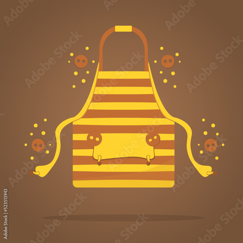 Kitchen apron. Сooking kitchen chef cartoon cozy apron with ties drawstring and print logo. Home cooking. Homemade meals. Kitchenware. Cook in kitchen. Color vector flat  isolated illustration.