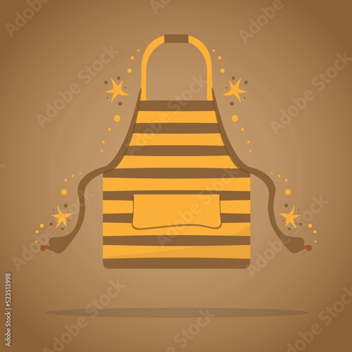 Kitchen apron. Сooking kitchen chef cartoon cozy apron with ties drawstring and print logo. Home cooking. Homemade meals. Kitchenware. Cook in kitchen. Color vector flat  isolated illustration.