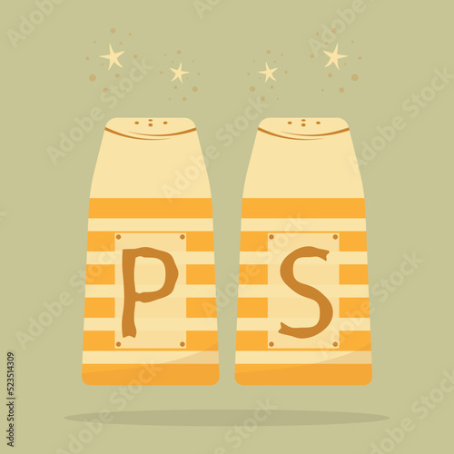 Ceramic salt and pepper shakers bottles isolated. Cozy cartoon style. Vector Flat  illustration.