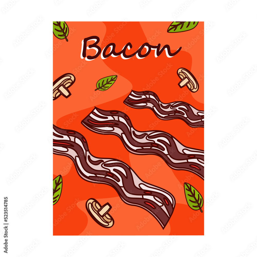 Obraz premium Bright brochure designs with tasty food. Colored bacon. Delicious meal and nutrition concept. Template for promotional leaflet or flyer