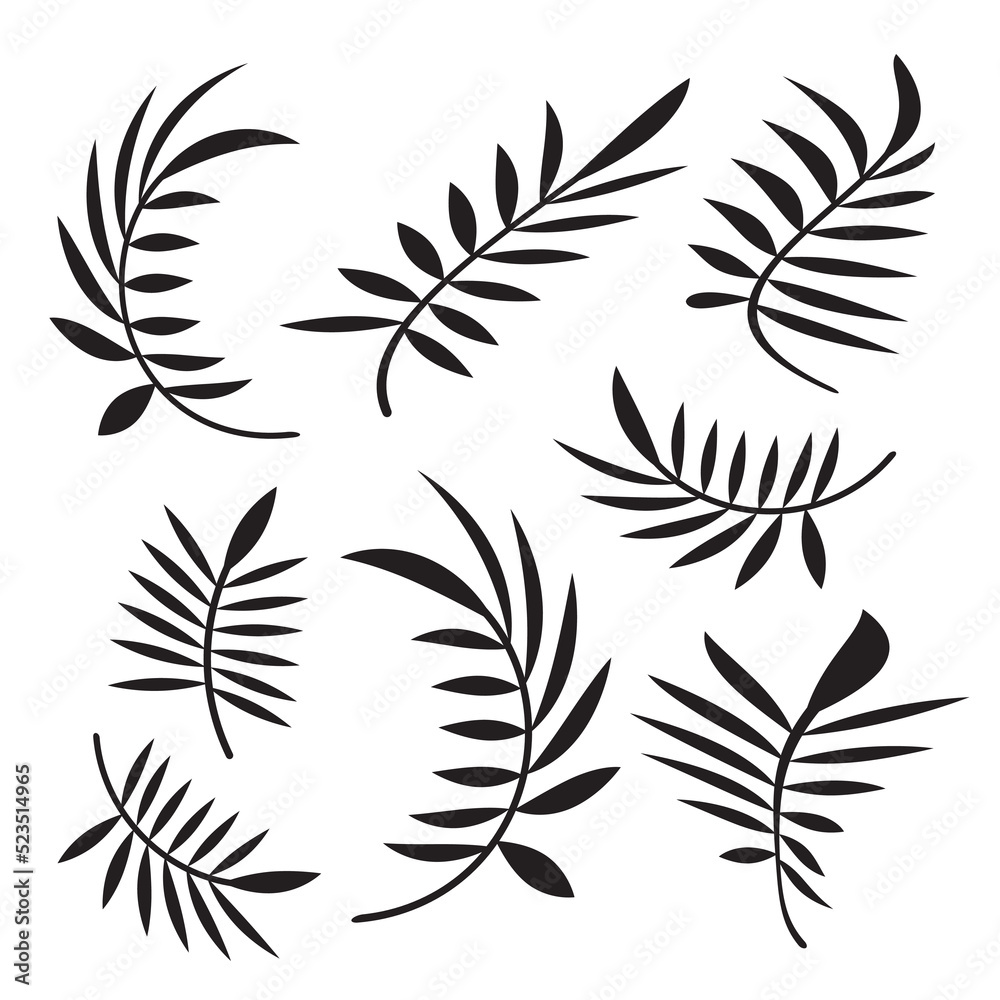 Palm tree branch icon set, black isolated on white background, vector illustration.