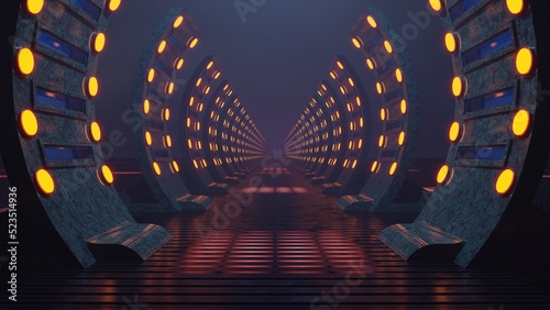 Tunnel of plates. Sci Fi Futuristic Fantasy Strange Alien Structure with orange light. Fog. 3D illustration