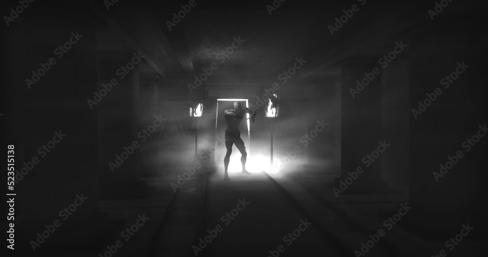 Fototapeta premium Image of scary zombie mummy walking in dark crypt with burning torches, in black and white