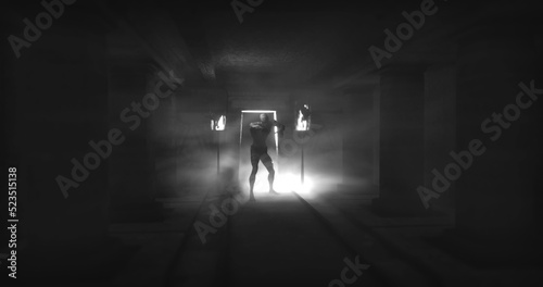 Image of scary zombie mummy walking in dark crypt with burning torches  in black and white