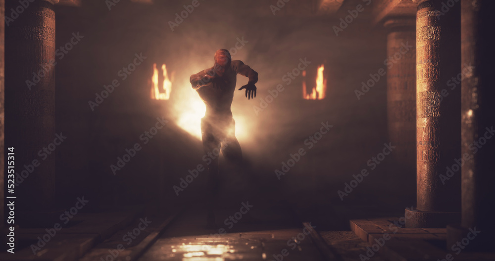 Image of scary zombie mummy walking around in dark crypt room with burning torches