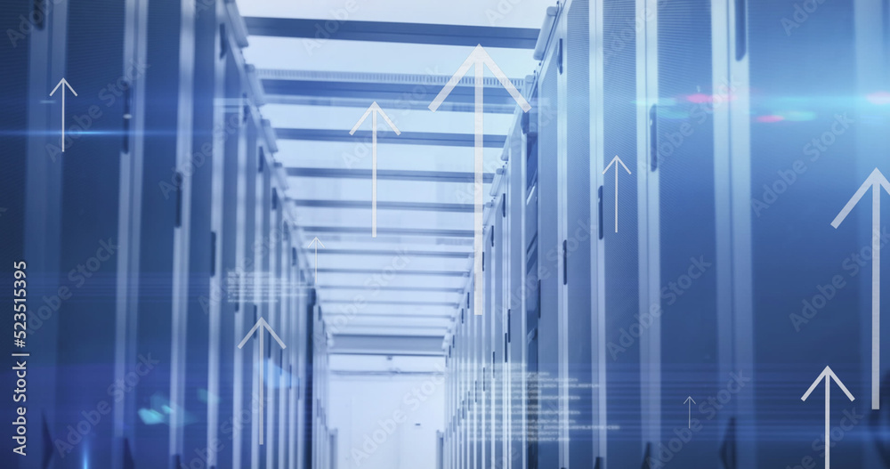 Image of arrows and data processing over computer servers Image of arrows and data processing over computer servers