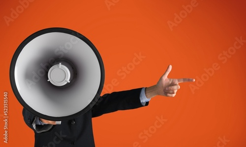 Photos Young man hold scream in megaphone announces discounts sale