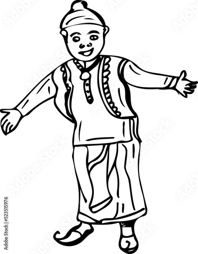 Punjabi kid in dhoti kurta dress line art vector, Sketch drawing of punjabi boy in traditional dress, Silhouette of Indian sikh kid