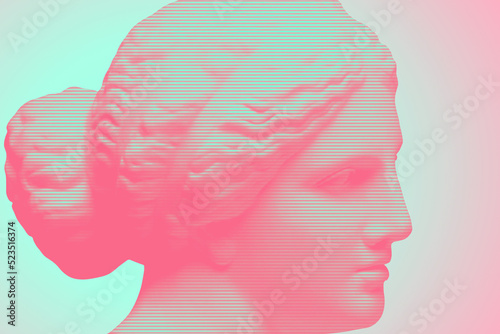 Antique sculpture of human face in artificial intelligence crypto art style. Modern creative concept image with ancient statue head. Contemporary neural network art poster. Funky punk collage design. photo