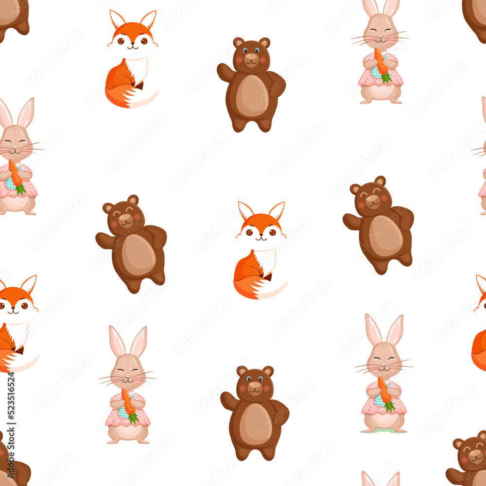 Naklejka premium Seamless vector pattern with forest animals - bear, hare and fox. Vector illustration for fabric, texture, wallpaper, poster, postcard. Editable elements. Cartoon design.