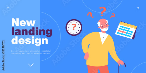 Problem with time management of elderly man. Tiny old person with question marks, schedule, clock flat vector illustration. Dementia, Alzheimer concept for banner, website design or landing web page