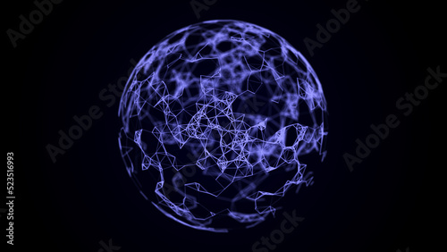 Abstract lines connection in the shape of Earth. Mesh sphere with flying blue debris. Global digital futuristic technology of network. 3d rendering.