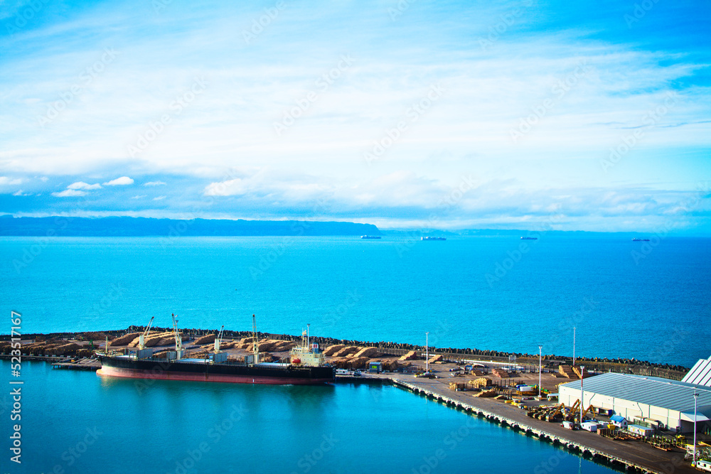 Aerial view over port of Napier. A caravan of cargo ships sailing at the horizon. Beautiful day at Hawkes Bay, New Zealand