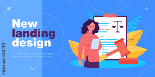 Lawyer working on judicial contract. Tiny woman standing with judges gavel and legal document flat vector illustration. Legislation, law concept for banner, website design or landing web page