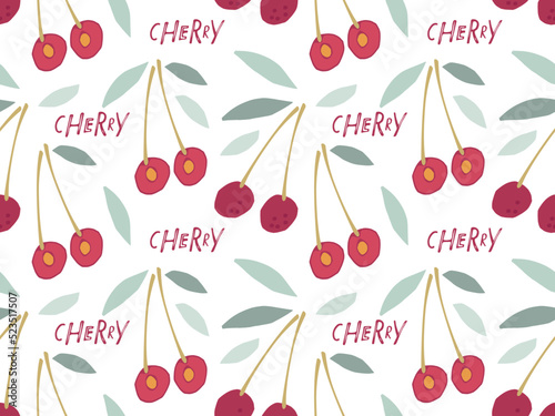Cherry background. Seamless pattern with Cherry berry with leaf hand drawn doodle sketch. Food template. Repeated print for textile, fabric, paper, wallpaper, packaging. Food ingredients for cooking.