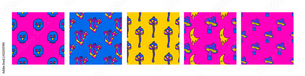 Psychedelic mushrooms seamless patterns set. 1970 vibe. Hallucination patterns. Doodle vector backgrounds. Color acid patterns for textile 