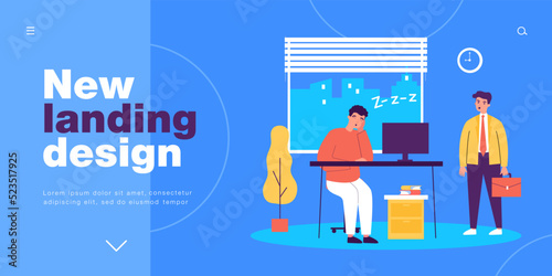 Tired exhausted employee sleeping on computer desk. Male boss standing near sleepy man in office flat vector illustration. Burnout, work break concept for banner, website design or landing web page