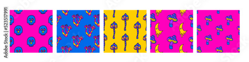 Psychedelic mushrooms seamless patterns set. 1970 vibe. Hallucination patterns. Doodle vector backgrounds. Color acid patterns for textile 