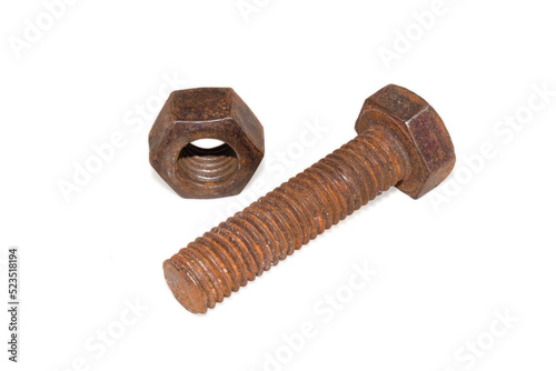 Old Rusty bolt and nut over isolated on white background