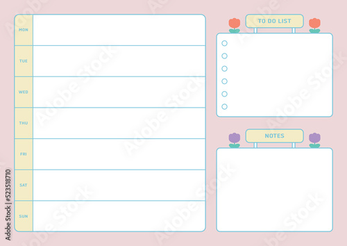 Colorful, cute style weekly planner template. Note, scheduler, diary, calendar planner document template illustration.